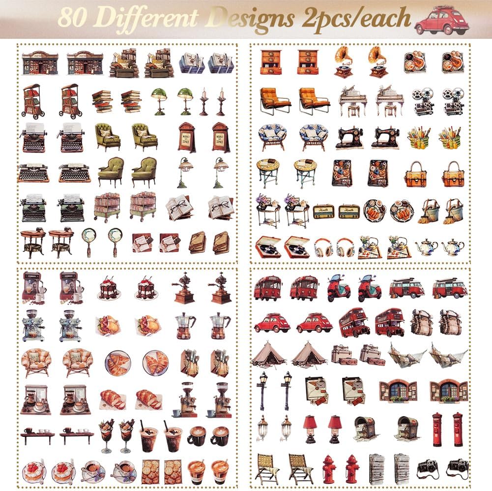 160 PCS Vintage Scrapbook Stickers (Vintage Color) 5.3 x 3.9 x 0.51 inches