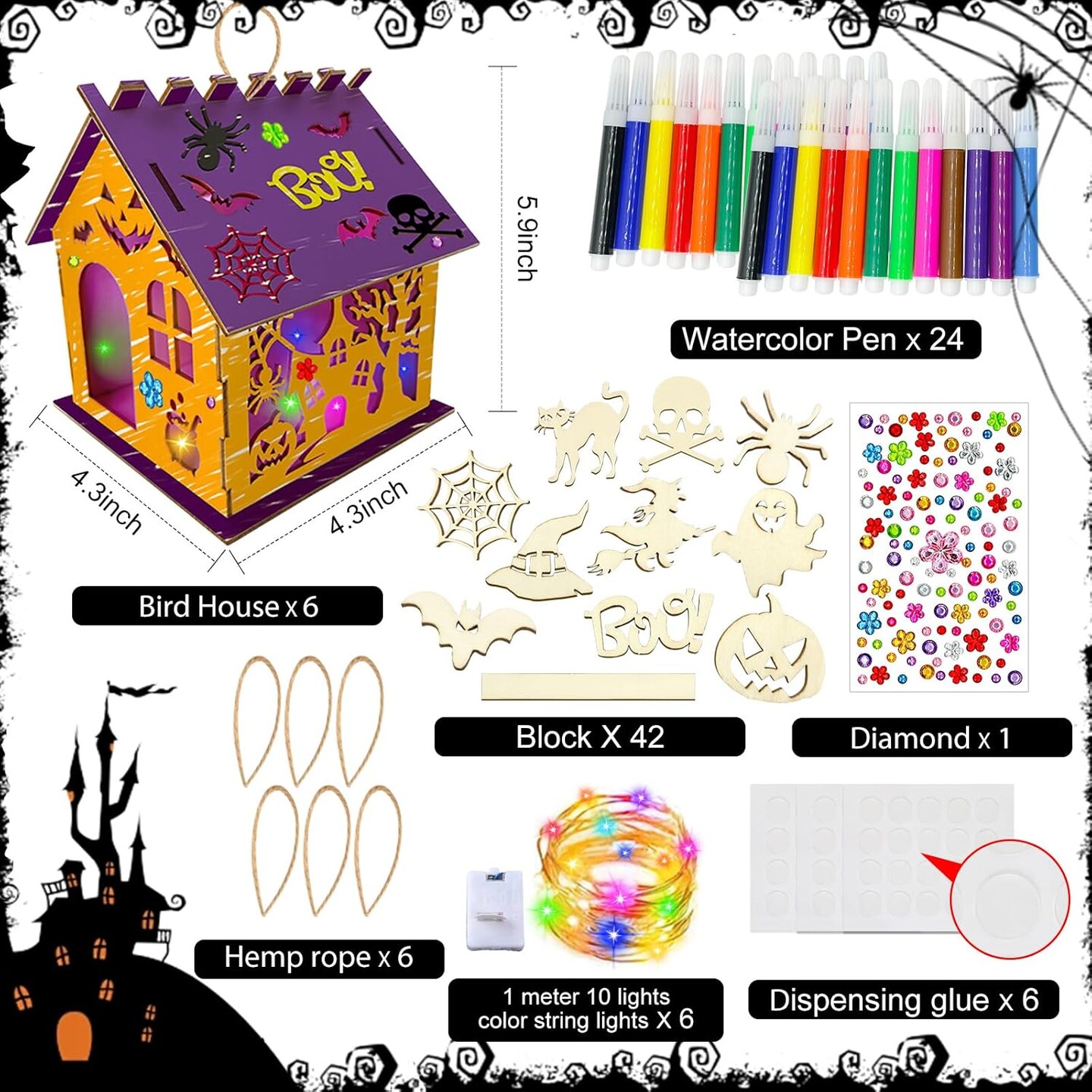 6 Set Halloween Craft Kit&#xFF0C;DIY Wooden Halloween Castle House Craft Kit