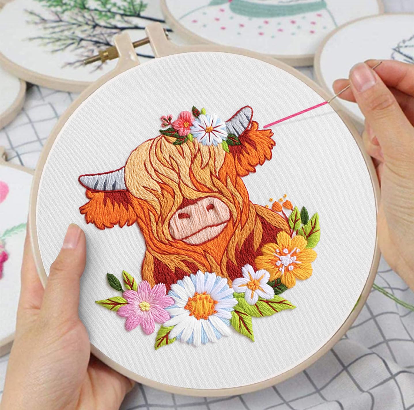 Highland Cow Embroidery Kits for Beginners,Cross Stitch Kit for Adults,DIY Needlepoint for Starters Including Cloth Hoop Needles Instruction and Threads