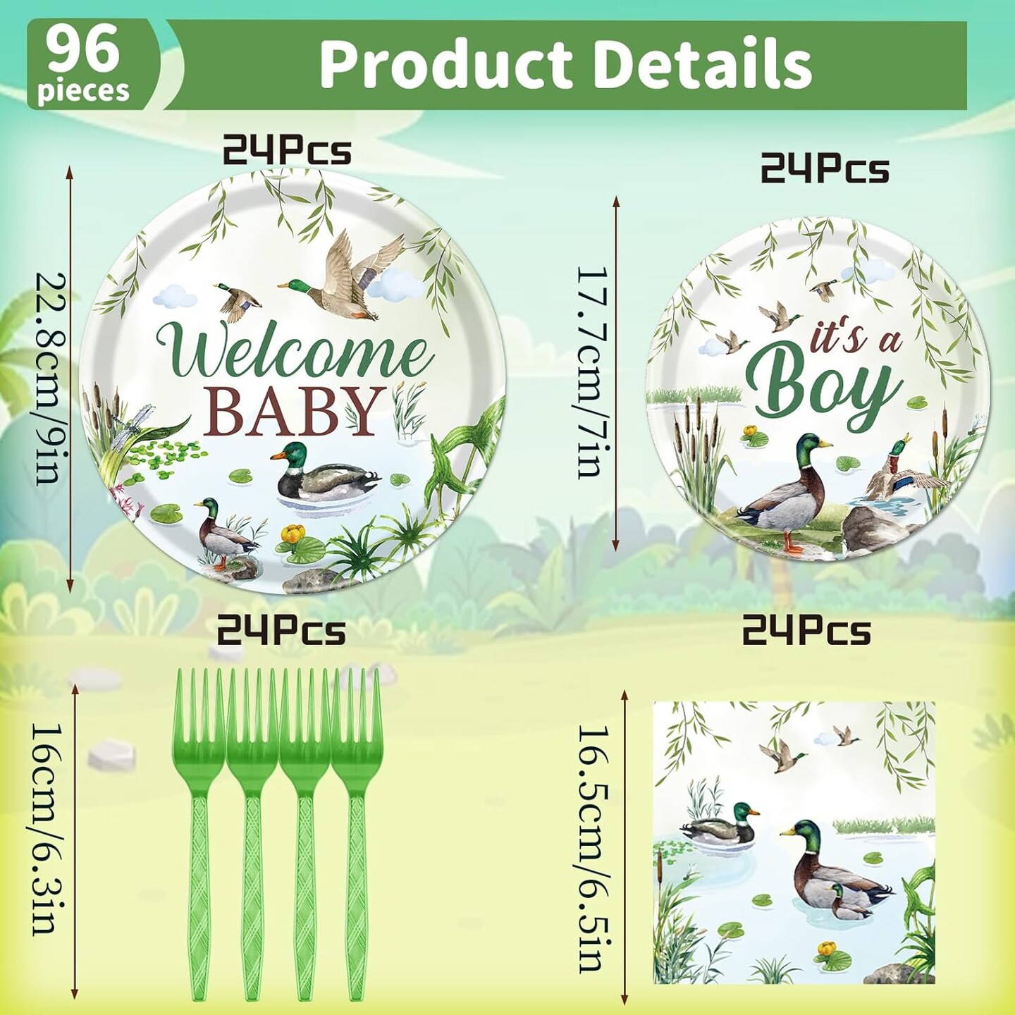 96PCS Mallard Duck Baby Shower Tableware Set Serve 24 (Green)