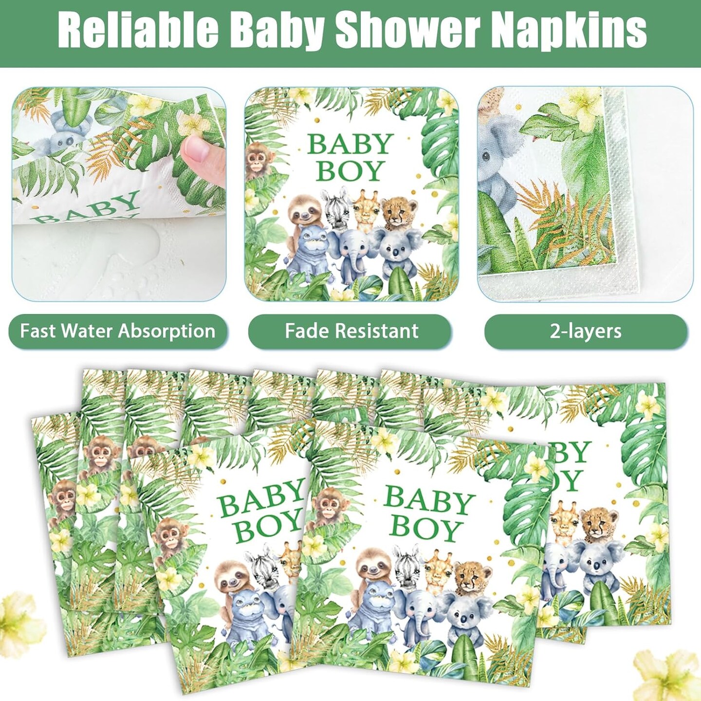 96Pcs Safari Jungle Baby Shower Party Supplies Green Wild Animals-Serves 24