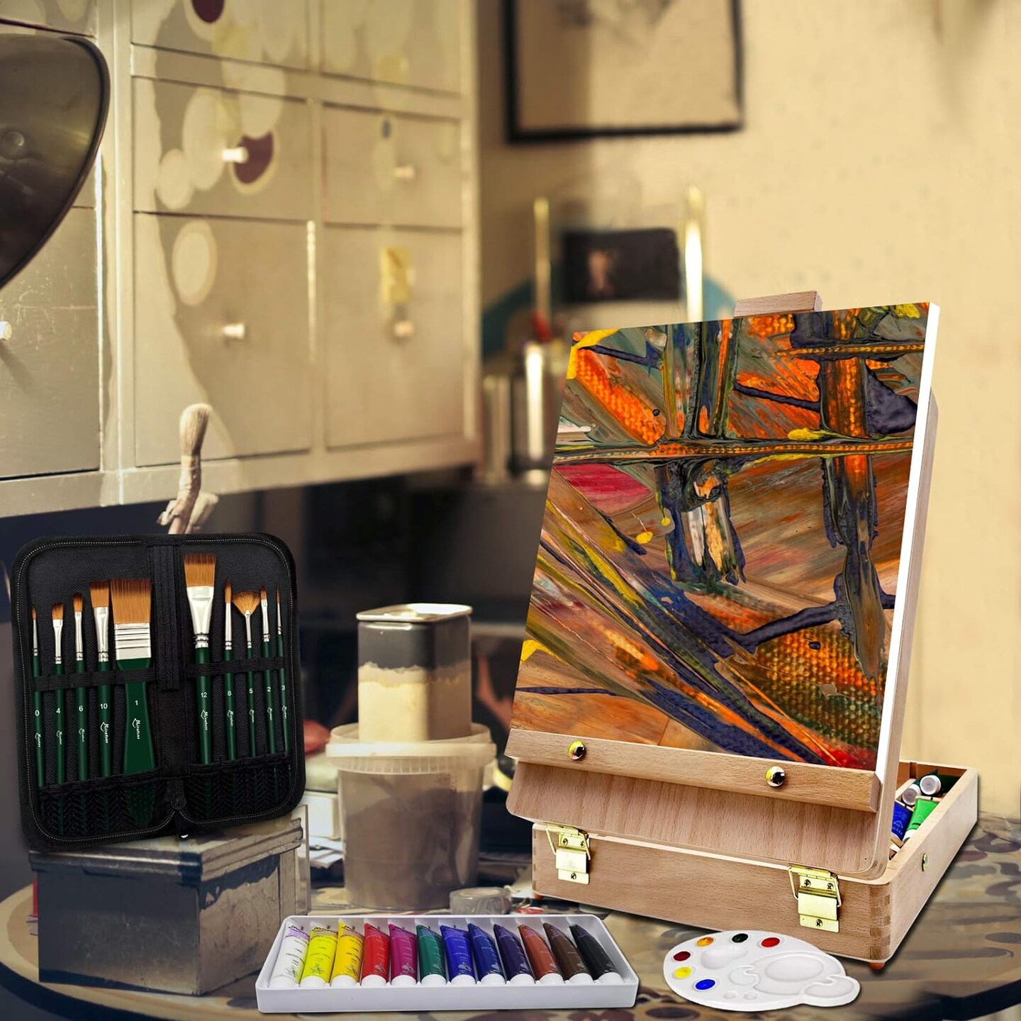 Deluxe Art Supplies 27 Pieces Art Set with Tabletop Easel, 12 Colors Acrylic Paint