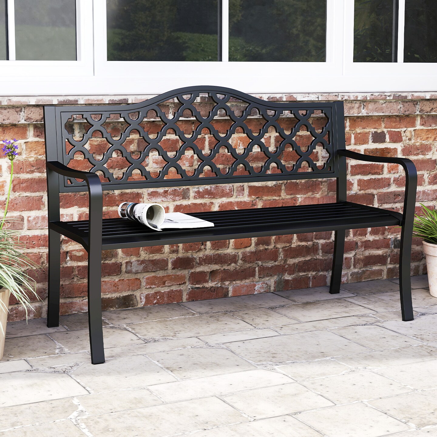 Outdoor Patio Bench for 2-3 People with Curved Armrests and Backrest