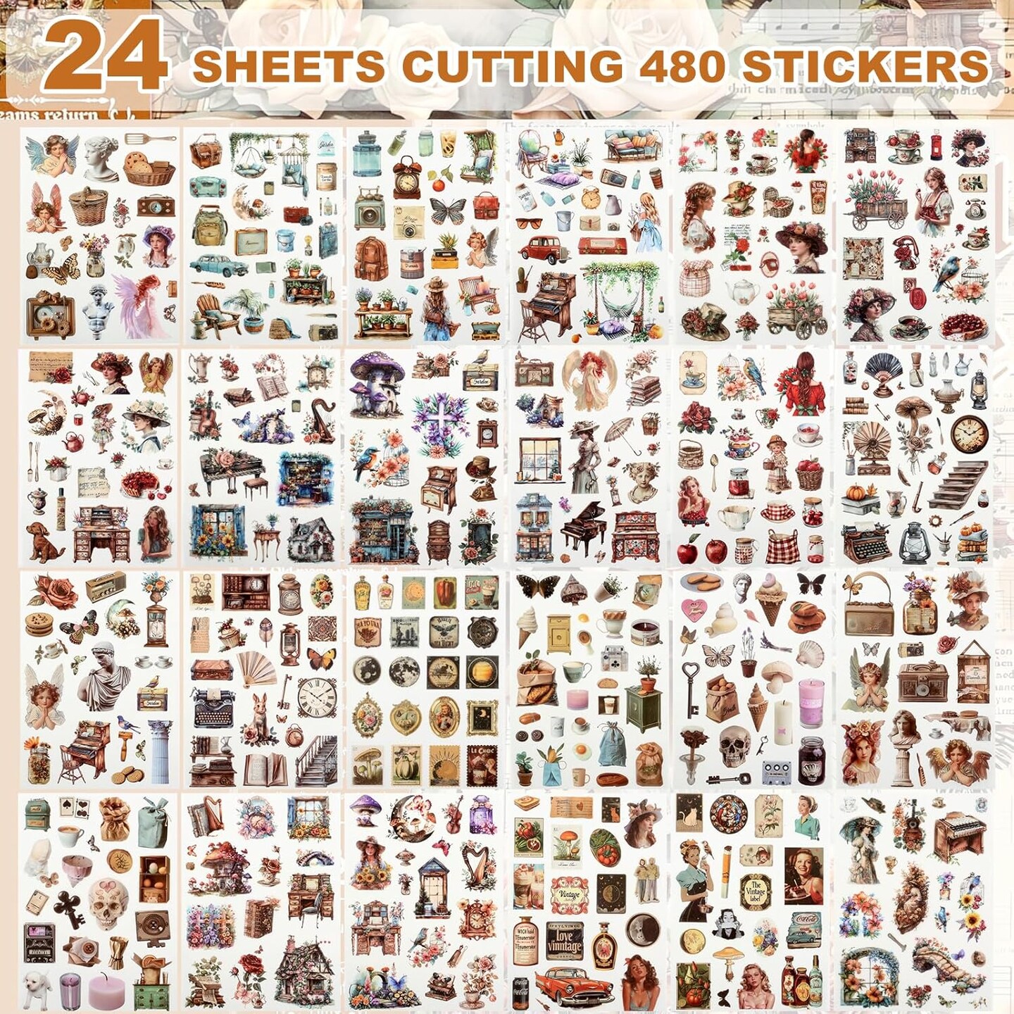 480 Pre-Cut Vintage Scrapbook Stickers - Beige