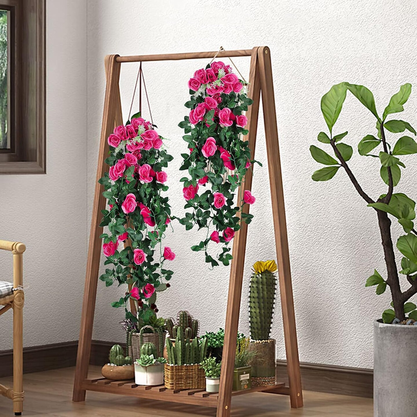 2PCS Artificial Hanging Flowers 3.3Ft Fake Flower Plants(Rose Red)