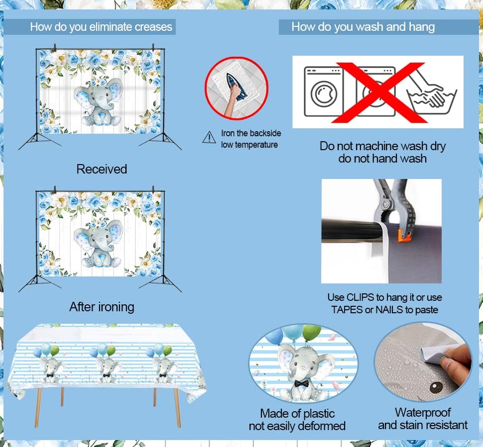 Blue Watercolor Elephant Elephant Flowers Party Backdrop Table Cover