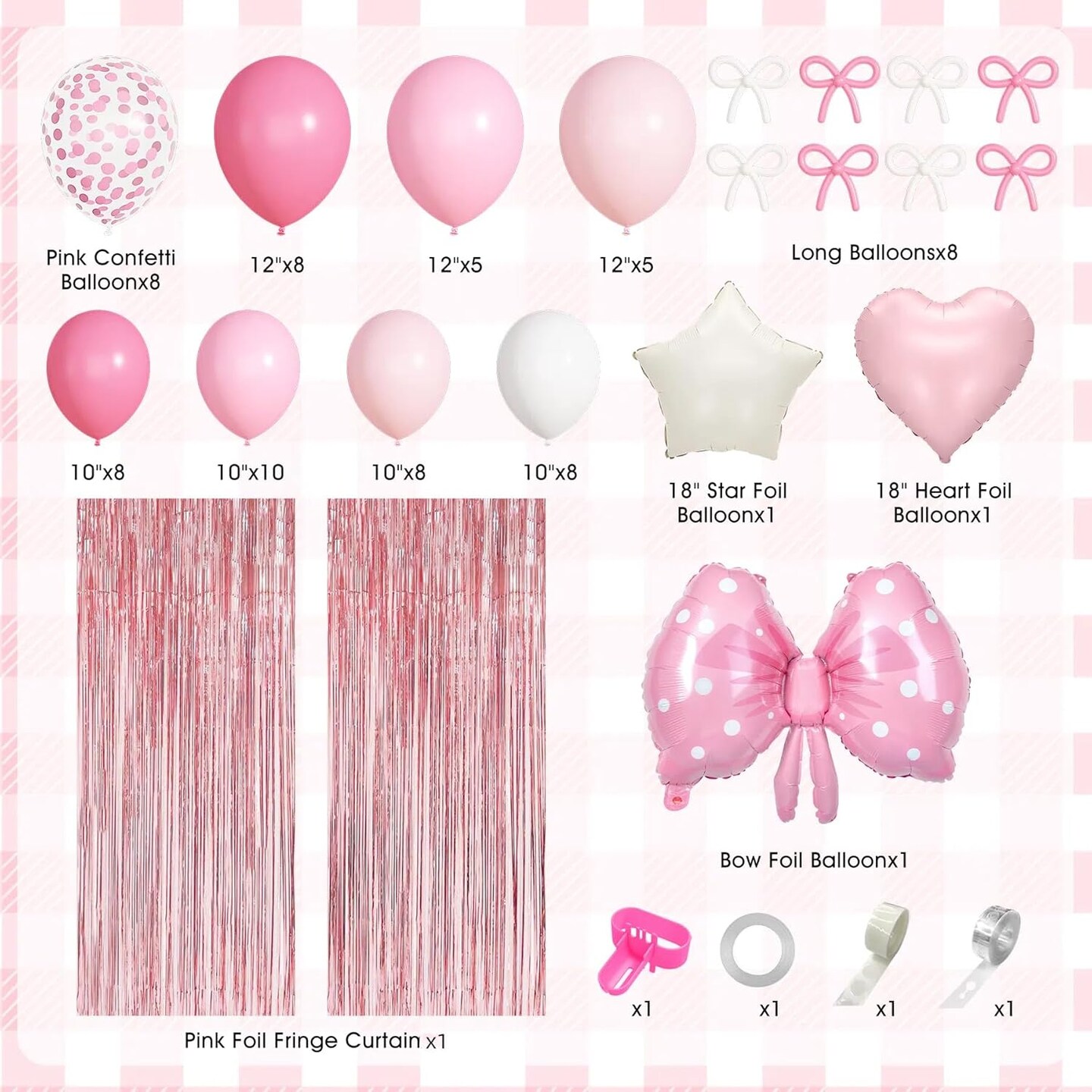 Pink Bow Birthday Party Decorations, Coquette Bow Light Pink and White Confetti Long Balloons Happy Birthday Banner Fringe Curtain Tassel Pompoms for Women Girls Theme Baby Shower Party Decorations