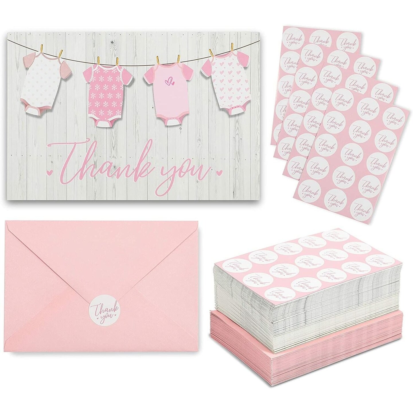 60 Pack Baby Shower Thank You Cards with Pink Envelopes for Girl, 4x6 inch with Clothesline Design and Includes 60 Cute Stickers for Appreciation