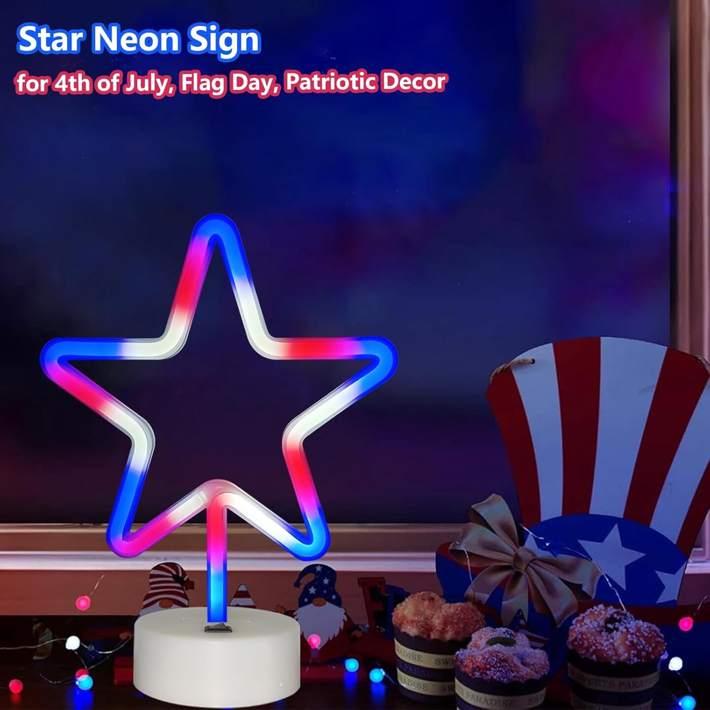 Summer Star Neon Lights – Red, White, and Blue LED Star Sign with Holder Base, USB or Battery Powered Table Light for Bedroom, Home Decor, and Summer Gatherings