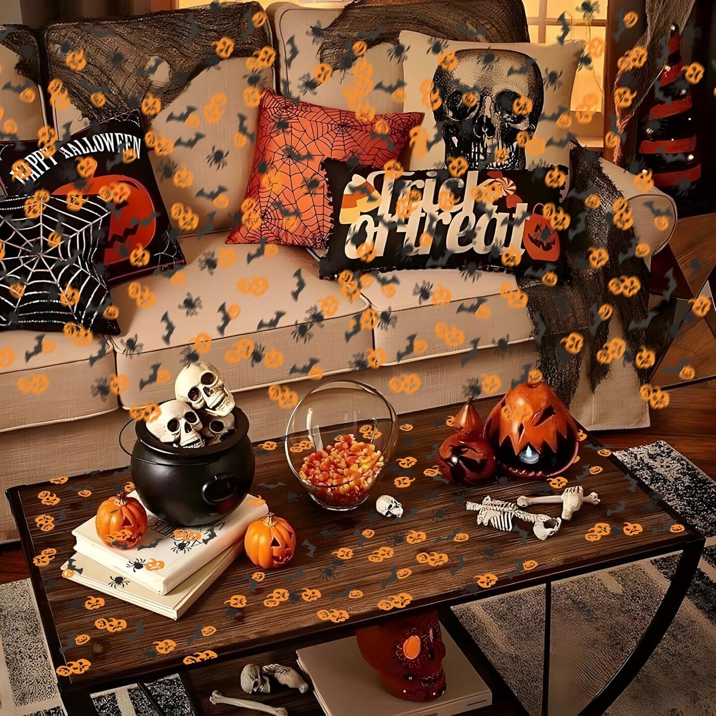 100Pcs Halloween Confetti Decorations,Halloween Party Table Scatter Confetti Sprinkles Orange Pumpkin Black Spider Bat Confetti for Halloween Party Supplies Trick or Treat Tabel Decor