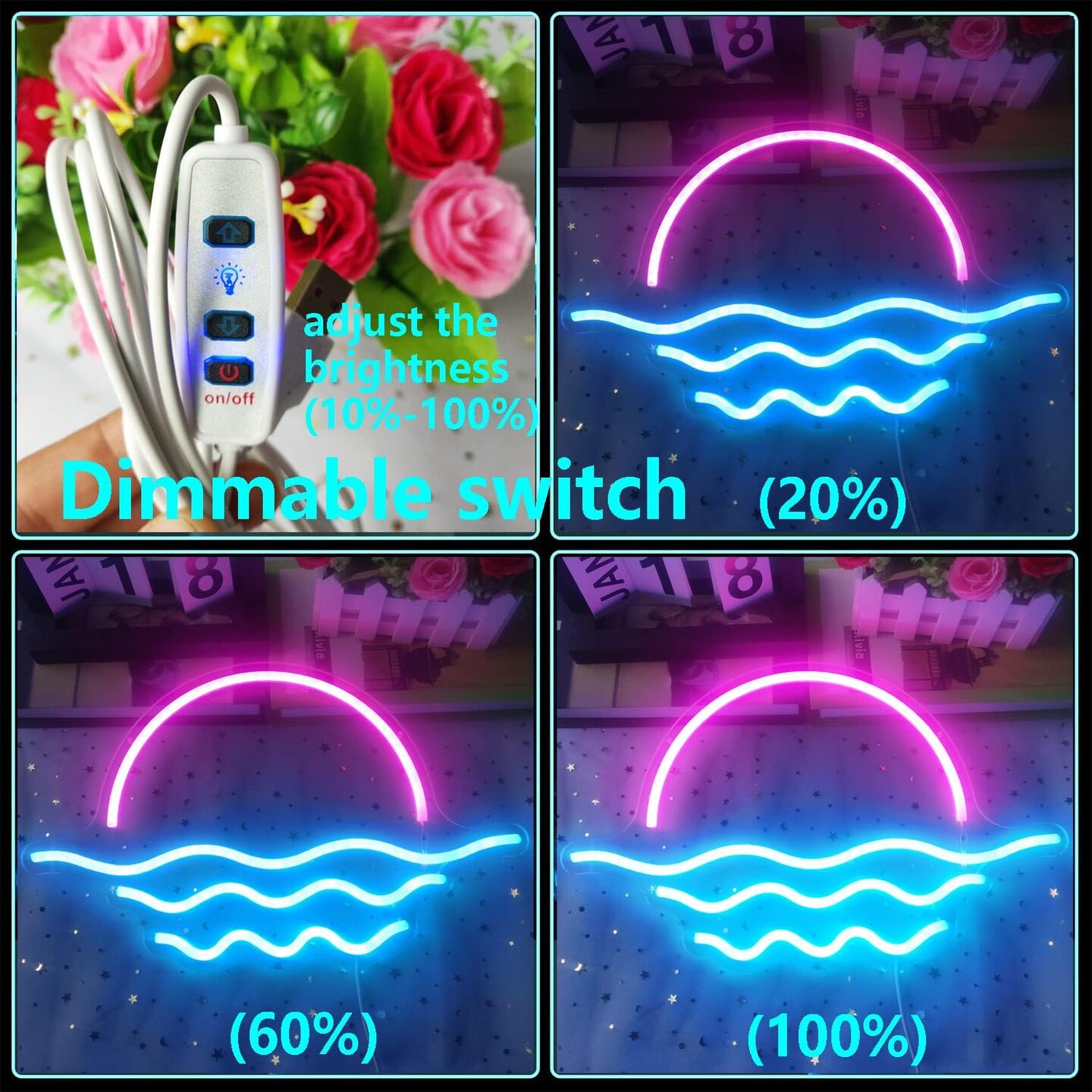 Summer Sunrise Sunset Neon Sign &#x2013; Dimmable Wave LED Light for Tropical Bedroom &#x26; Bar Decor (Ice Blue &#x26; Pink, 15.6in)
