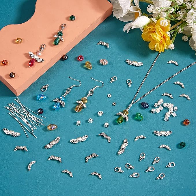 180pcs Wing Spacer Bead Pendant Set, DIY Jewelry Making Kit, Including Spacer Beads Pendant Lobster Buckle Flower Cap, Suitable for DIY Necklaces, Earrings, Keychains Jewelry Production