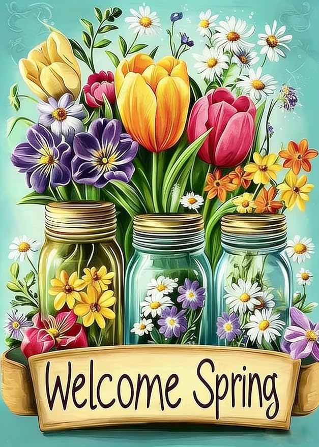 Welcome Spring Flower Diamond Art Kits for Adults, 5D Diamond Painting Kits for Adults Beginners, DIY Full Round Drill Diamond Dot Painting Gem Art Kits for Adult, Home Wall Decor 11.8x15.7 Inch