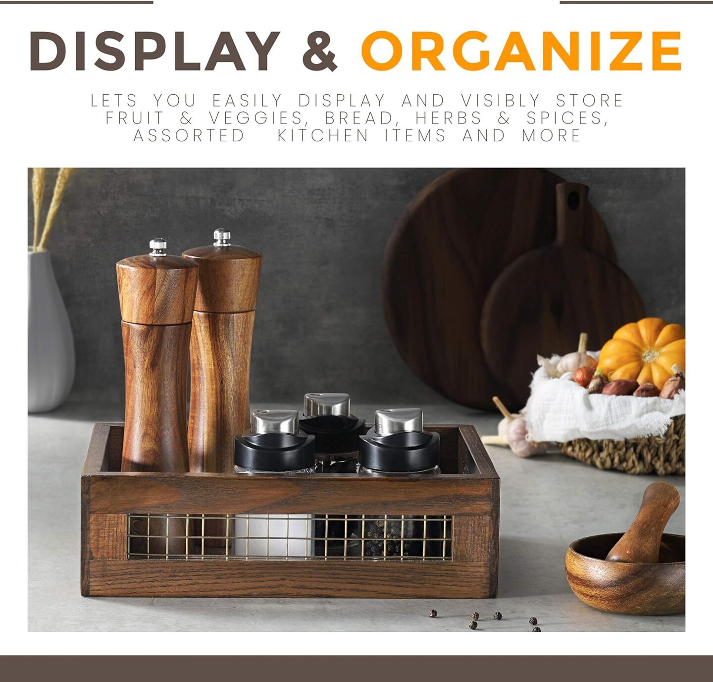 Wooden Nesting Countertop Baskets Set of 3 for Kitchen, Bathroom, Pantry|Wall Mount Upgrade with Full Accessories