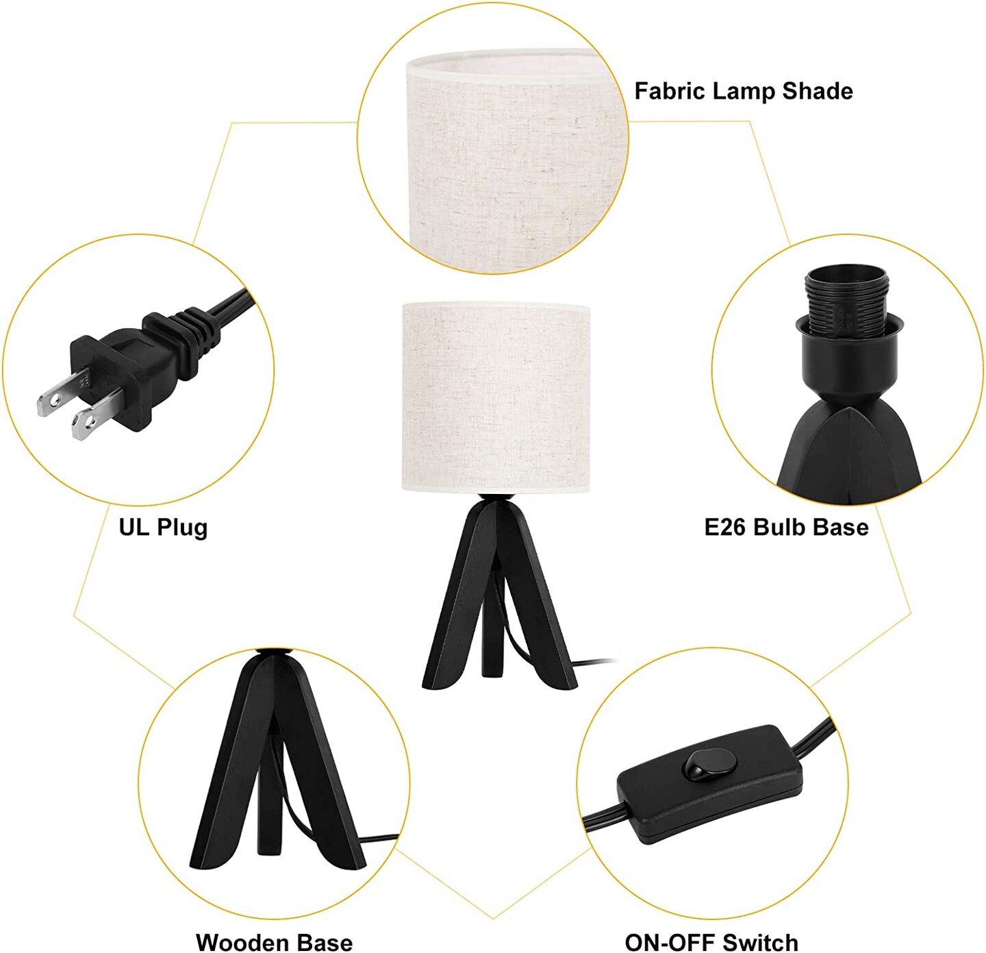 Black Wooden Tripod Table Lamp, E26 Linen Fabric Shade Bedside Night Lamp with 68In UL Long Cord & Inline Switch