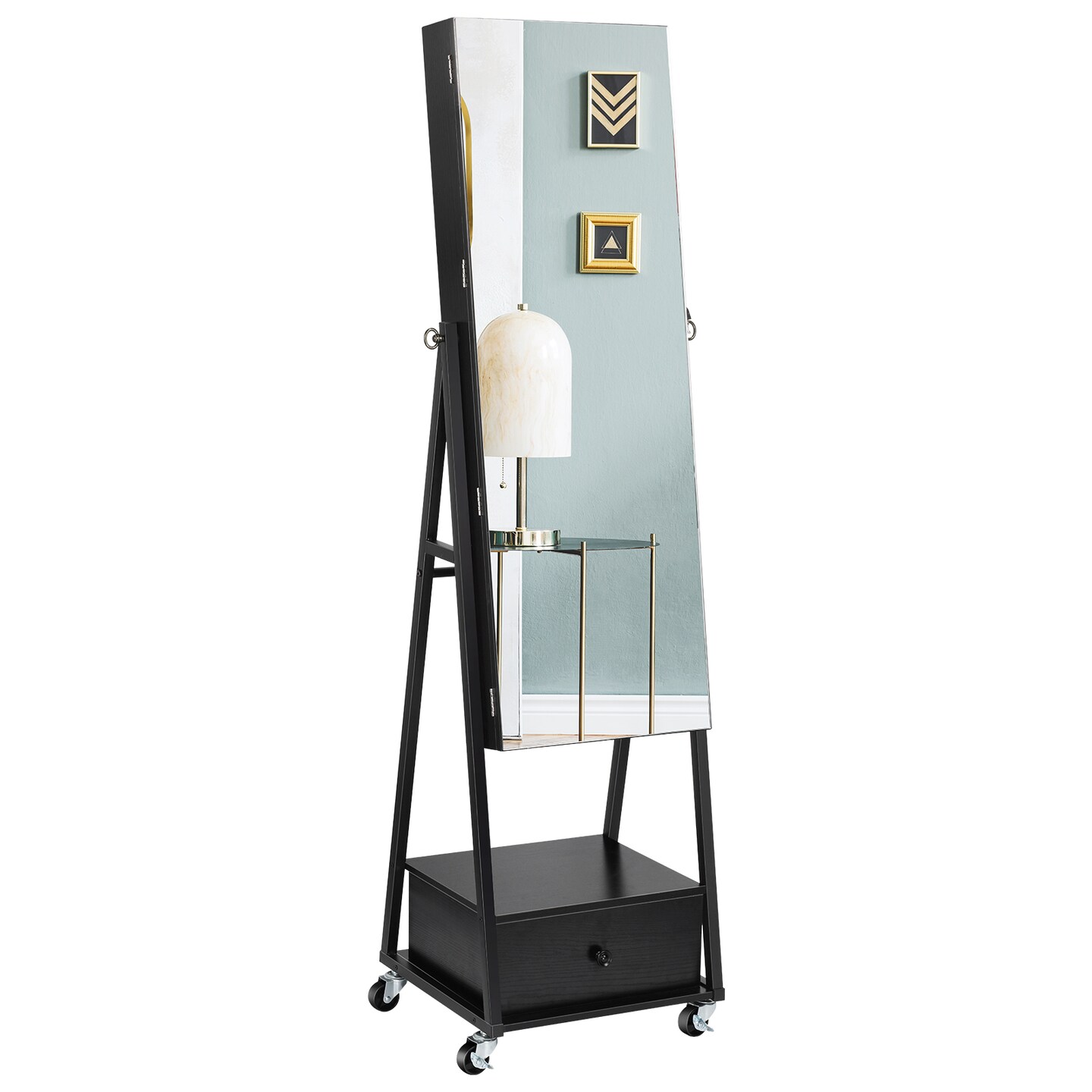 Dark Black Freestanding Lockable Jewelry Mirror Cabinet, Rolling Full Body Vanity Mirror Makeup Organizer Armoire