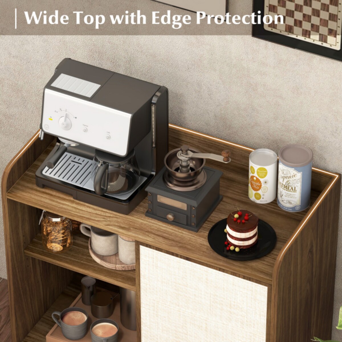 Mid Century Rattan Sideboard Cabinet Sliding Door Adjustable Shelves Walnut Beige