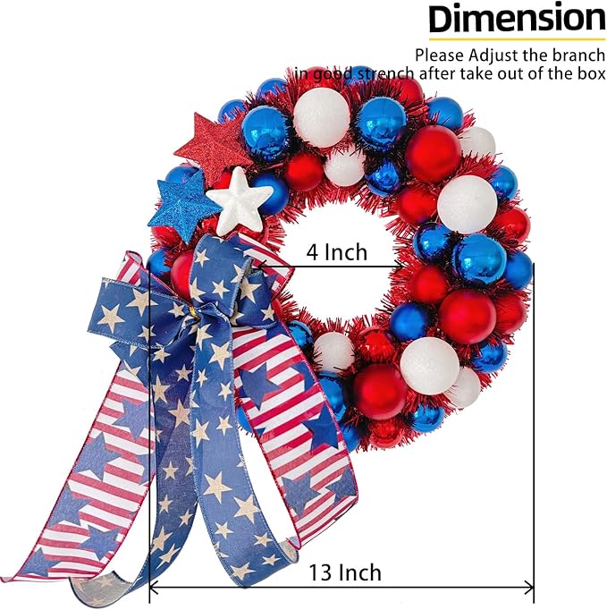 13 Inch Patriotic Front Door Wreath with Lights, Red White Blue Ball Wreath with Stars & Ribbon for 4th of July, Memorial Day, Veterans Day & Summer Decorations