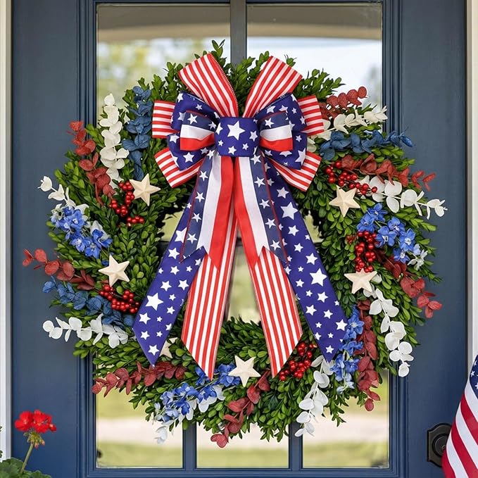 Large Patriotic American Flag Bow for Wreaths - 4th of July Stars and Stripes Wired Edge Ribbon - Red White and Blue USA Decorative Bow for Memorial Day, Veterans Day, & Front Door Decor