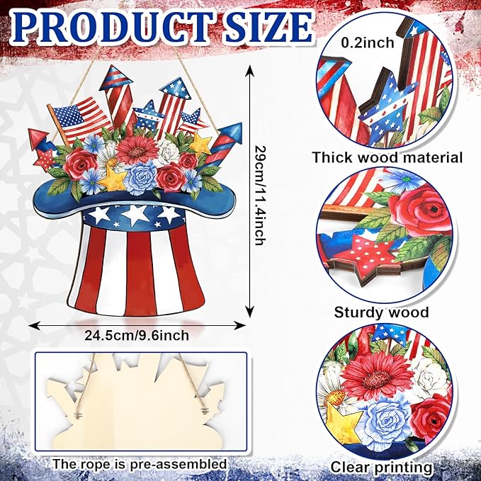 Wooden 4th of July Door Wreath, Patriotic Star Welcome Sign for Front Door, Independence Day & Memorial Day Hanging Decoration for Home Indoor Outdoor Wall Decor