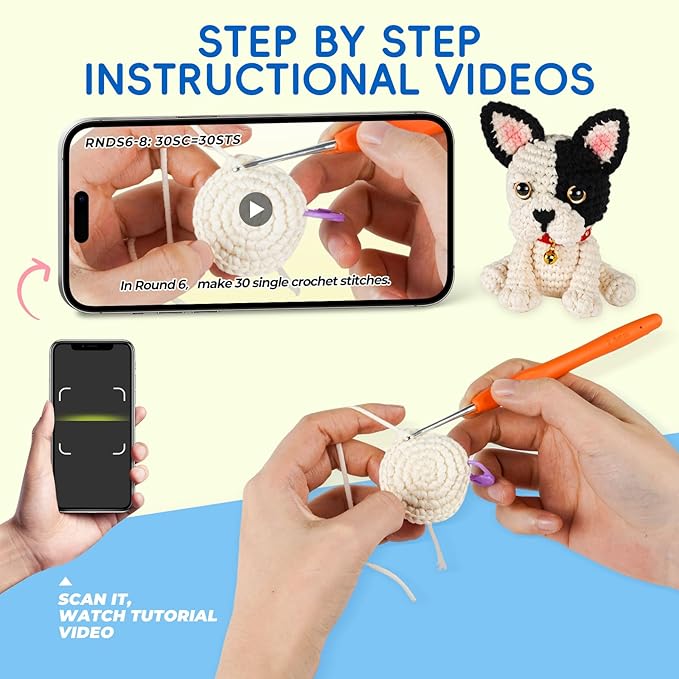 Crochet Kit for Beginners Animal,Crochet Animal Kits,Crochet Pet Toys Kits,Learn to Crochet with Step-by-Step Video Tutorials,Beginners Crochet Kits for Adults(2 Pack French Bulldog)