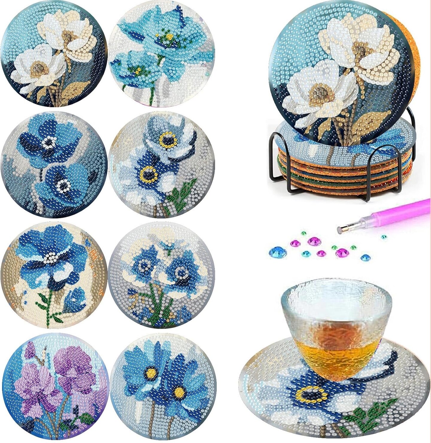 8-Piece Floral Diamond Painting Coaster Set with Holder – DIY Diamond Art Kit for Adults & Beginners, Small Decorative Flower Coasters, Craft Kit for Women