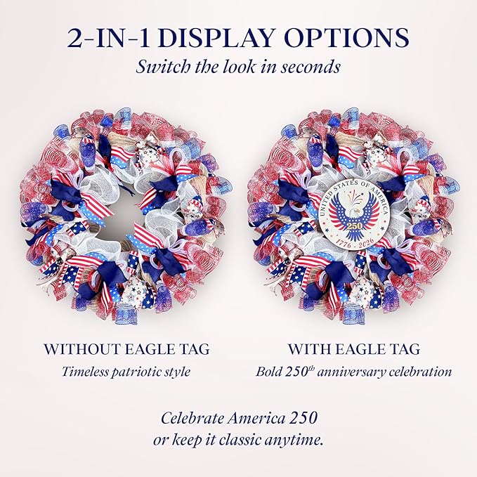 24" Patriotic 250th Anniversary Wreath with Removable 1776-2026 Sign - Large Handcrafted 4th of July Wreath with LED Lights and Storage Bag - Premium Americana Front Door Decor