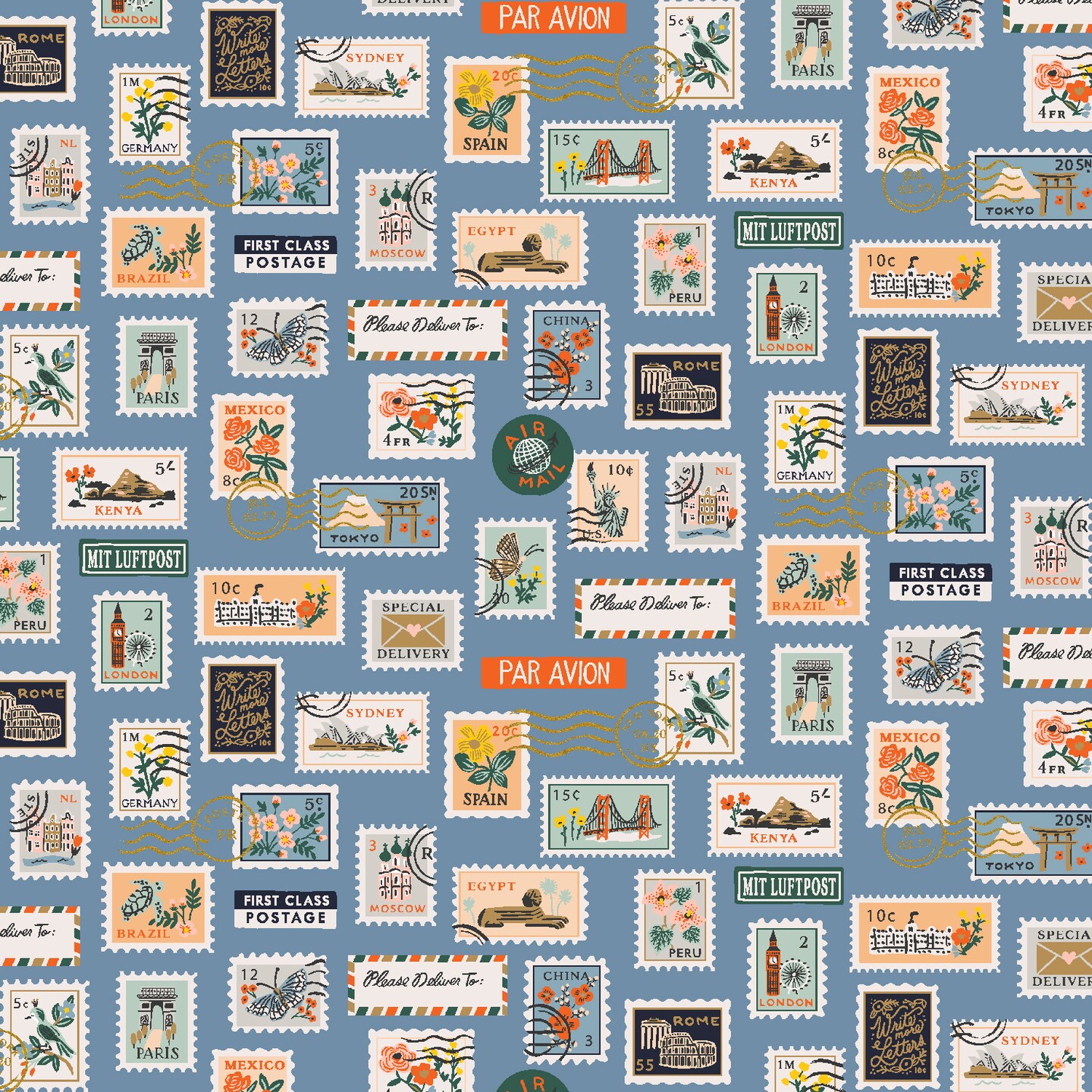 Postage Stamps in Blue (rp802-bl3) | Bon Voyage | Rifle Paper Co | Cotton+Steel