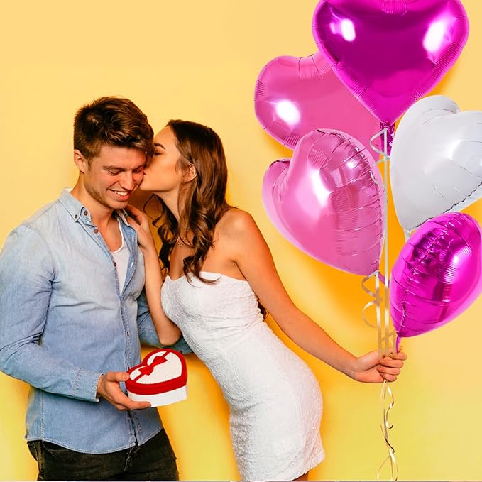 30Pcs 18 Inch Pink White Heart Balloons Hot Pink Heart Shape Foil Mylar Balloons Decoration for Birthday Valentine's Day Wedding Bridal Shower Anniversary Engagement Party Supplies