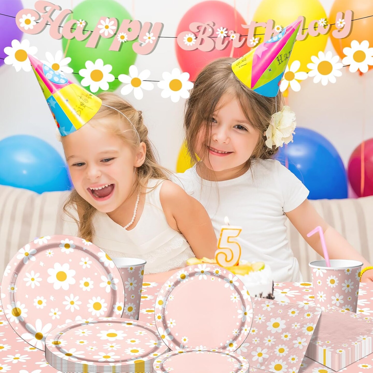 142PCS Daisy Birthday Party Tableware Set,Pink Groovy Daisy Flower Supplies Include Daisy Plates and Napkins Cup Tablecloth Banner for Retro Theme Hippie Girl Birthday Baby Shower Wedding Supplies