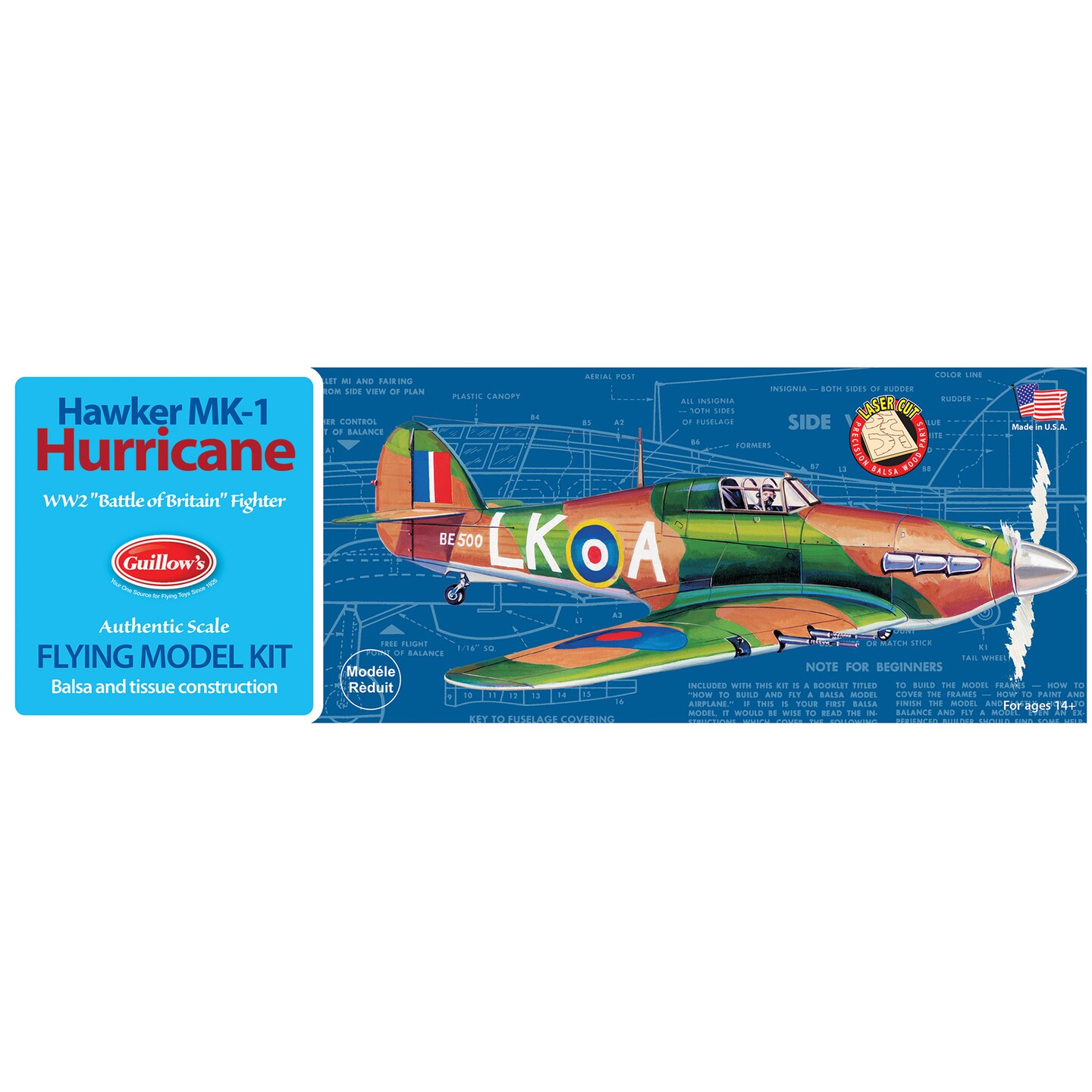 Guillow's: Flying Model Kit - Hawker MK-1 Hurricane - Classic Balsa Wood, DIY Airplane Building, Laser-Cut, Collectible, 1:30 Scale WWII Plane, 506