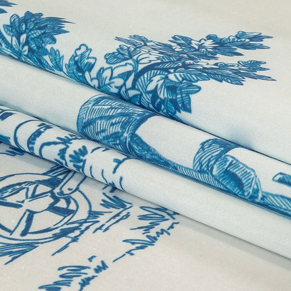 1 Yard Cobalt and White Classic Toile de Jouy Mercerized Organic Egyptian Cotton Shirting 56’’ Width