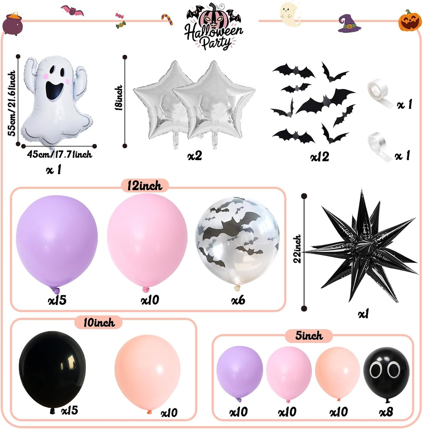 Halloween Latex Balloon Garland Arch Kit with 3D Bat (Black Pink Purple)