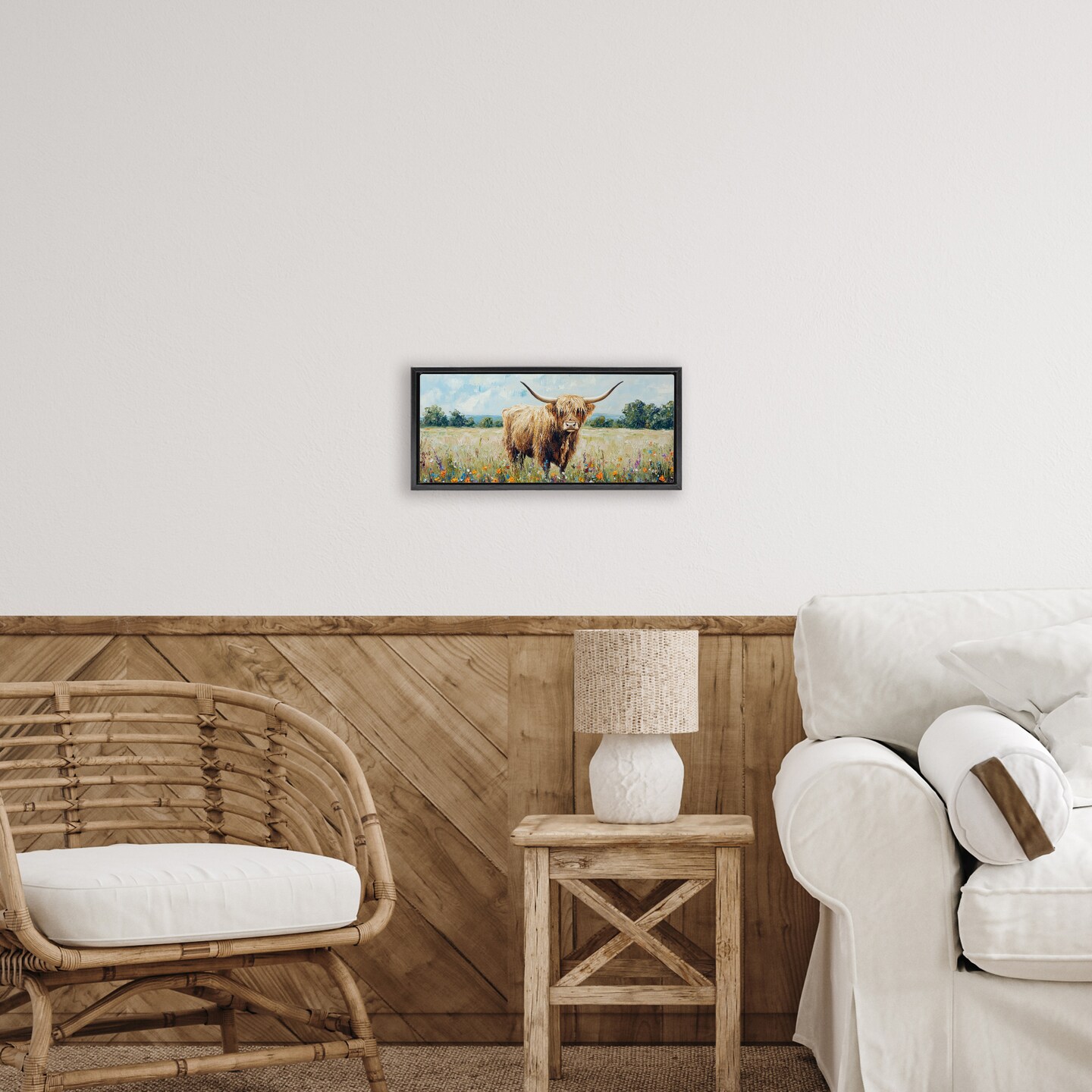 Stupell Industries Highland Cow Meadow Floating Frame, design by Petal Prints Design