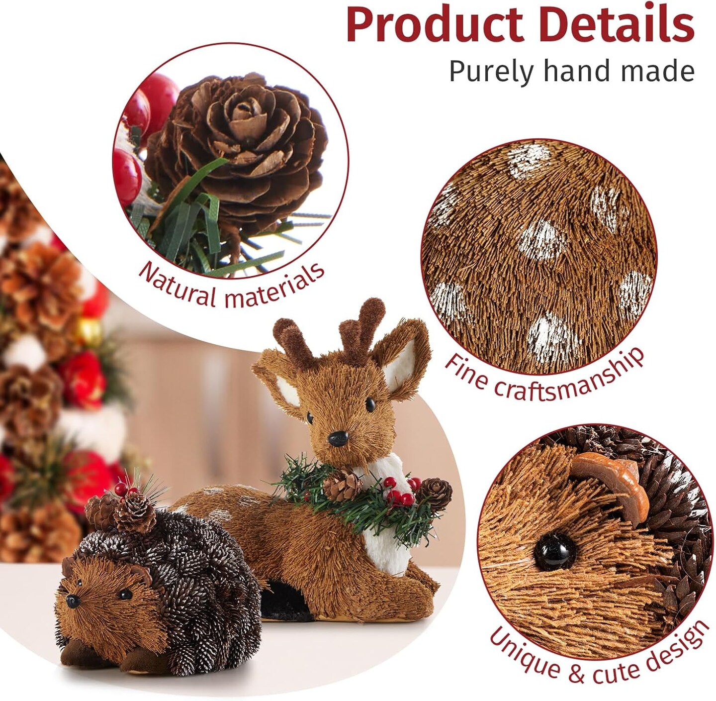 Set of 6 Sisal Woodland Animals for Rustic Christmas Decorations, Animal Figurines with Holiday Accent as Christmas Table Decor or Farmhouse Decor