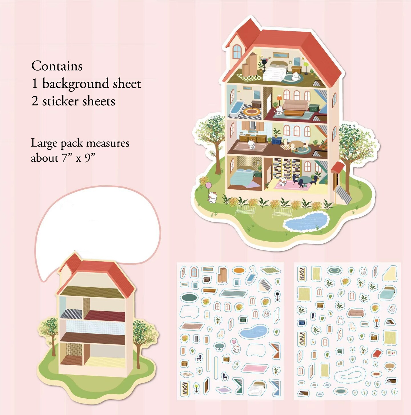 4 Fun Sticker Scene Sets, Panda Castle & House Isometric Sticker Activities, Adorabilities