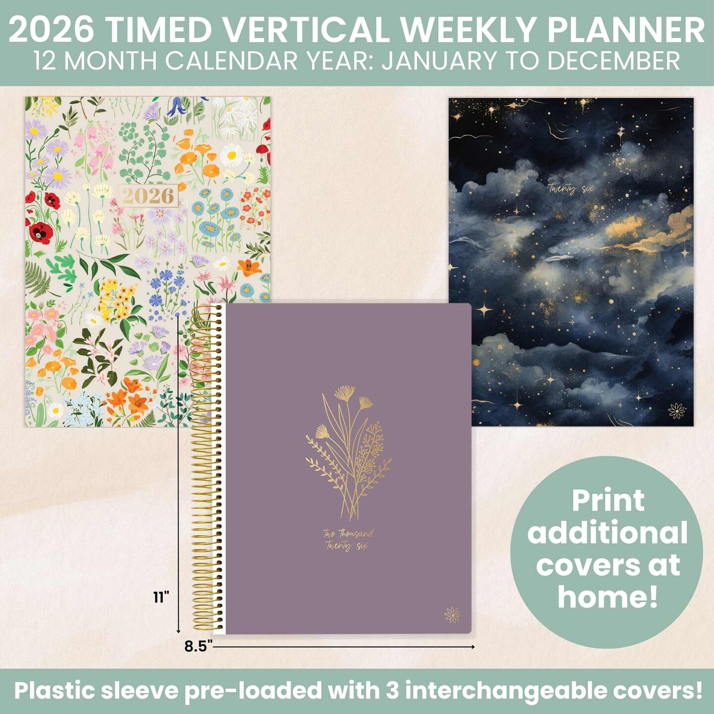 bloom daily planners 2026 Timed Vertical Weekly Planner, 8.5" x 11", Interchangeable Cover