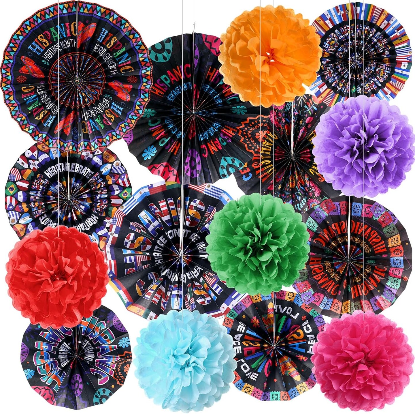 21 Pcs Hispanic Heritage Month Decorations Spanish Hanging Paper Fans (Colorful)
