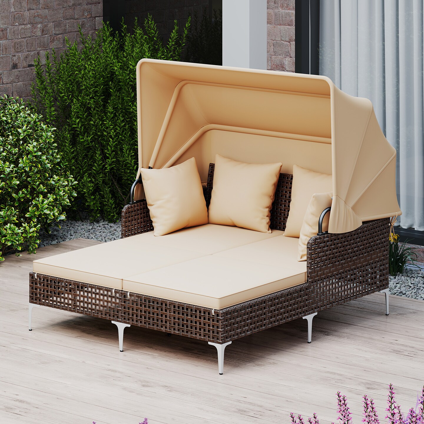 Outdoor PE Rattan Sun Lounger with Double Cushions and Retractable Canopy Heavy-Duty Metal Frame
