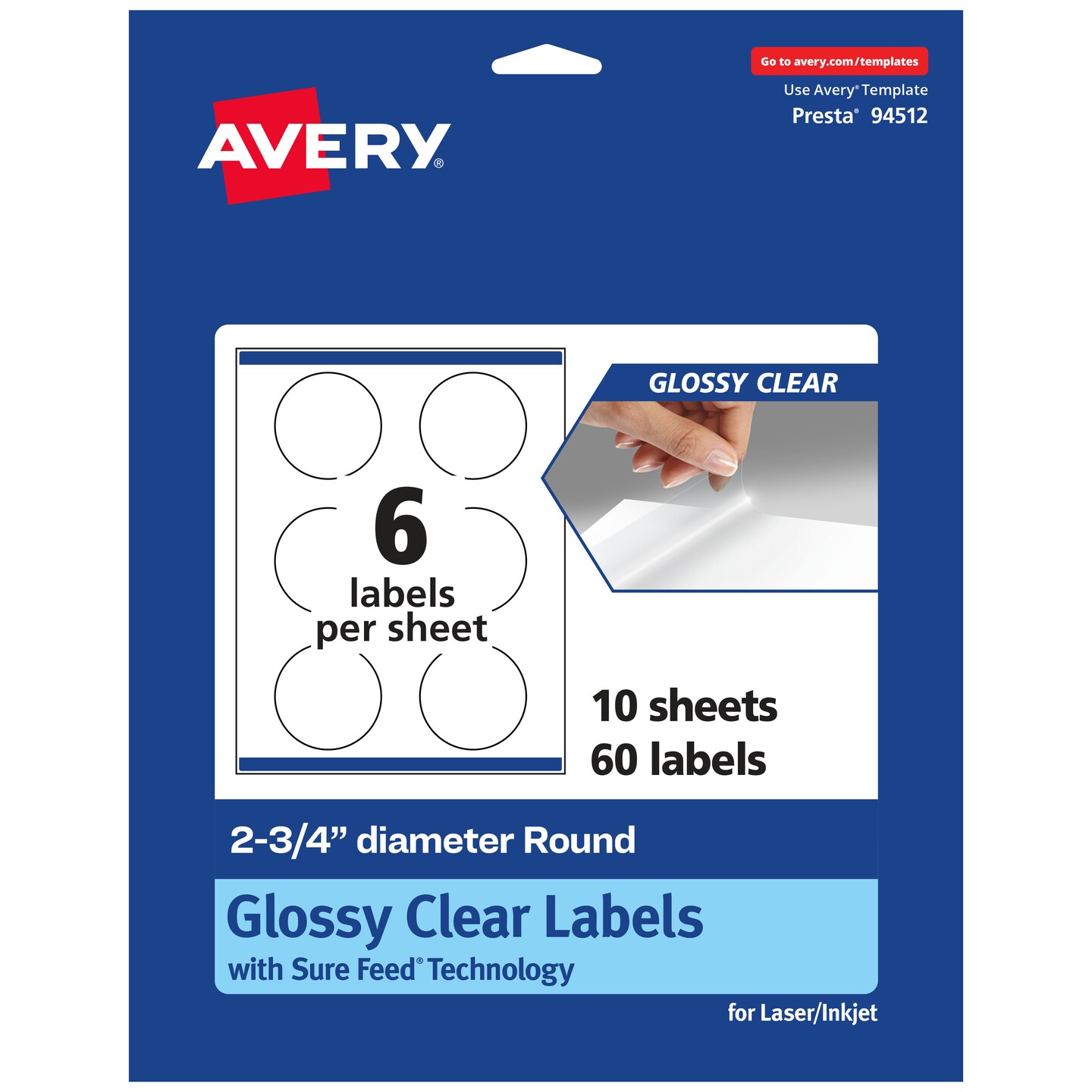 Avery Glossy Clear Round Labels with Sure Feed, 2.75" diameter