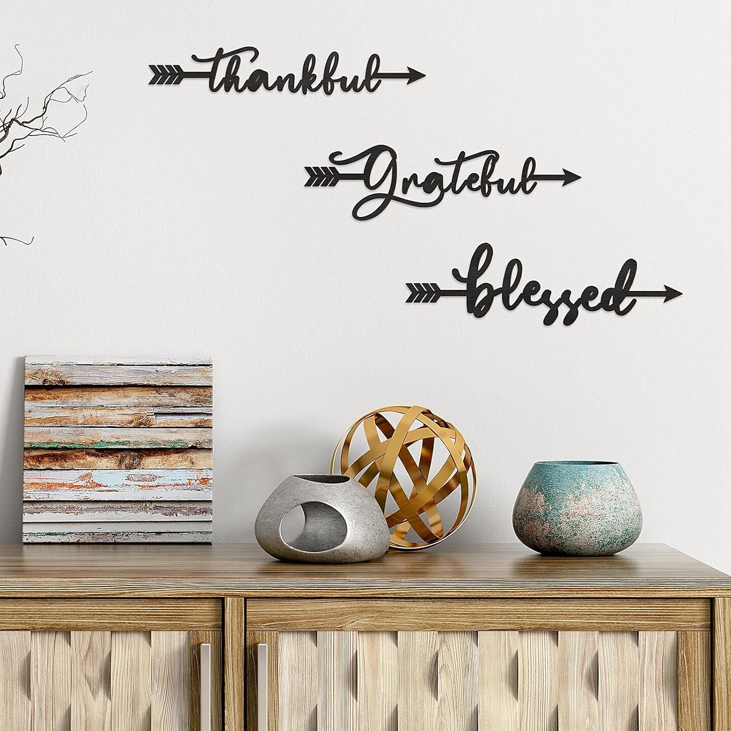 3 Pcs Thankful Grateful Blessed Letter Sign Wood Cutout Sculptures Arrow Signs Wall Decor Black Letters Rustic Wall Art for Home Bathroom Bedroom Farmhouse Kitchen Thanksgiving Decor(Black)