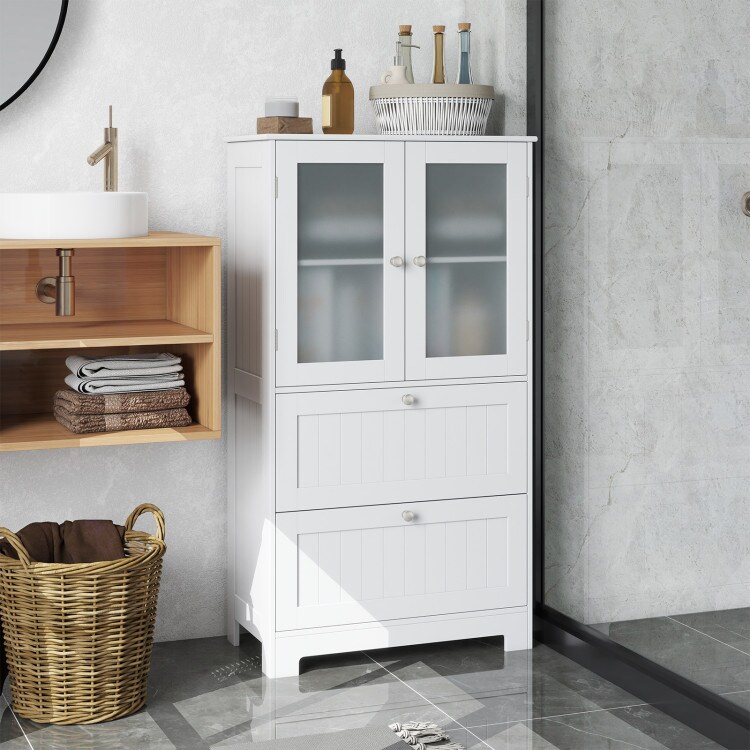 Modern Freestanding White Floor Storage Cabinet with Glass Doors 2 Drawers and Adjustable Shelves