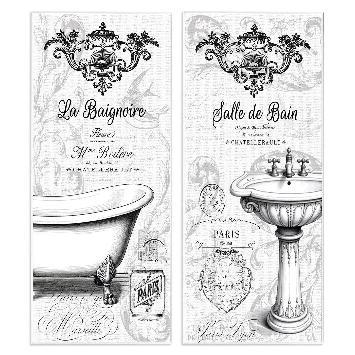 Stupell Industries Antique French Bathroom Motifs 2pc Wall Plaque Set, design by Lettered and Lined