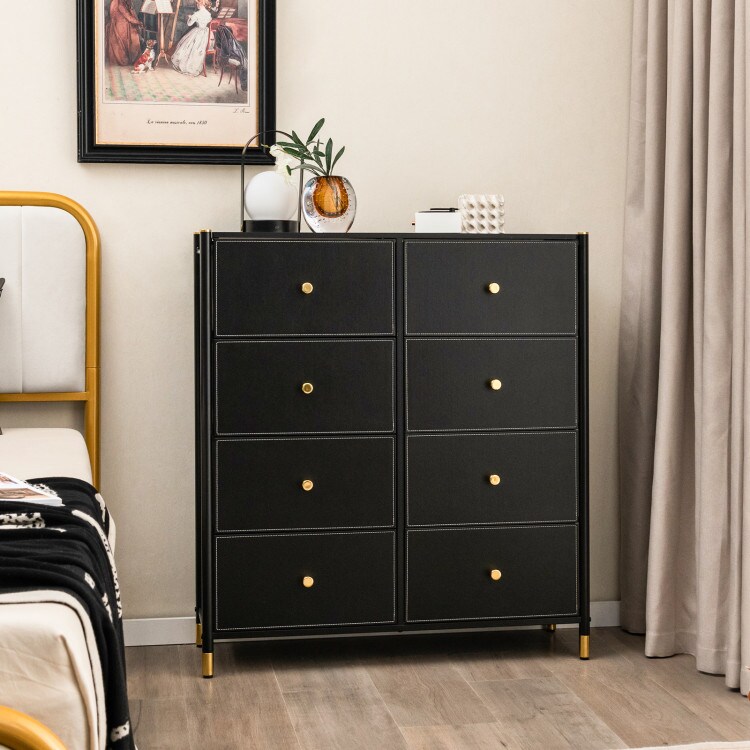 Black PU Leather Fabric Dresser with 8 Drawers and Metal Frame Storage Chest