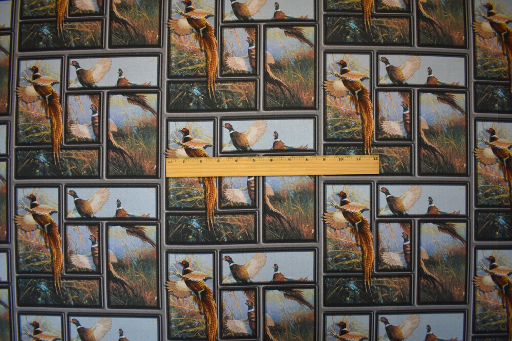 Blue-Brown-Multi Cotton Pheasant Flying High Printed Quilting Woven Fabric By the Yard