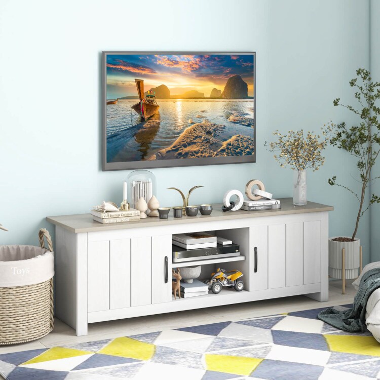 Modern TV Stand for Flat Screen TVs up to 65 Inch with Storage Cabinet and Open Shelves White and Black Engineered Wood Media Console Table