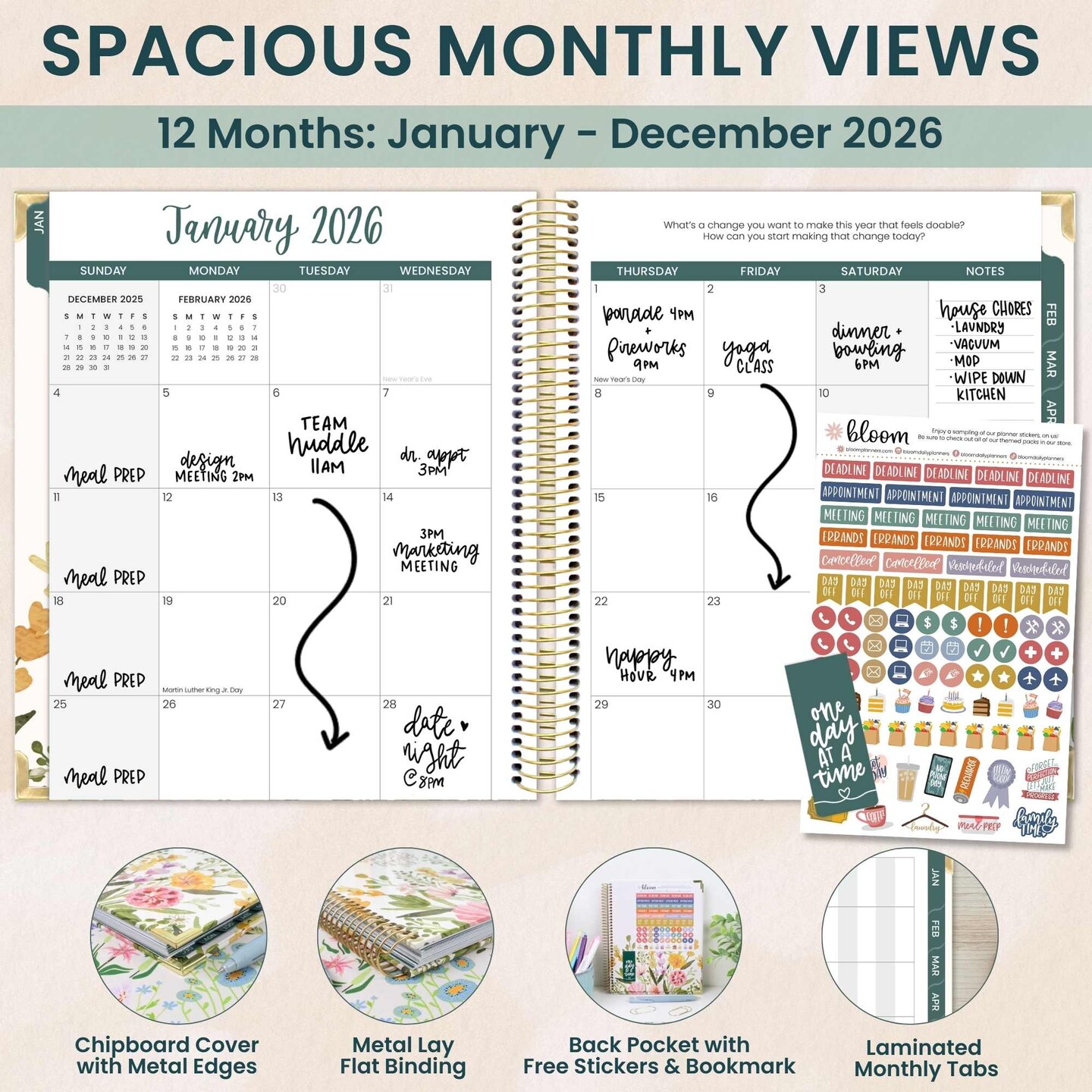 bloom daily planners 2026 Hard Cover Weekly &#x26; Monthly Vision Planner, 7.5&#x22; x 9&#x22;, Beige Bouquet
