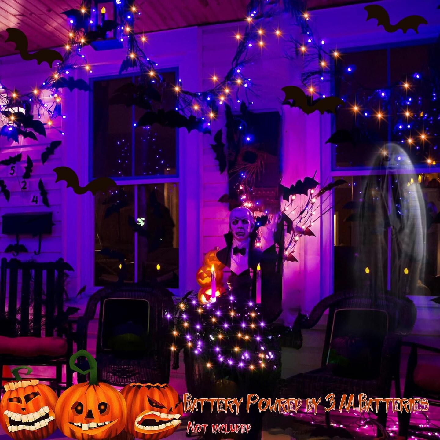 2 Pack Halloween Fairy Lights Battery Operated 200 LED (Purple & Orange)