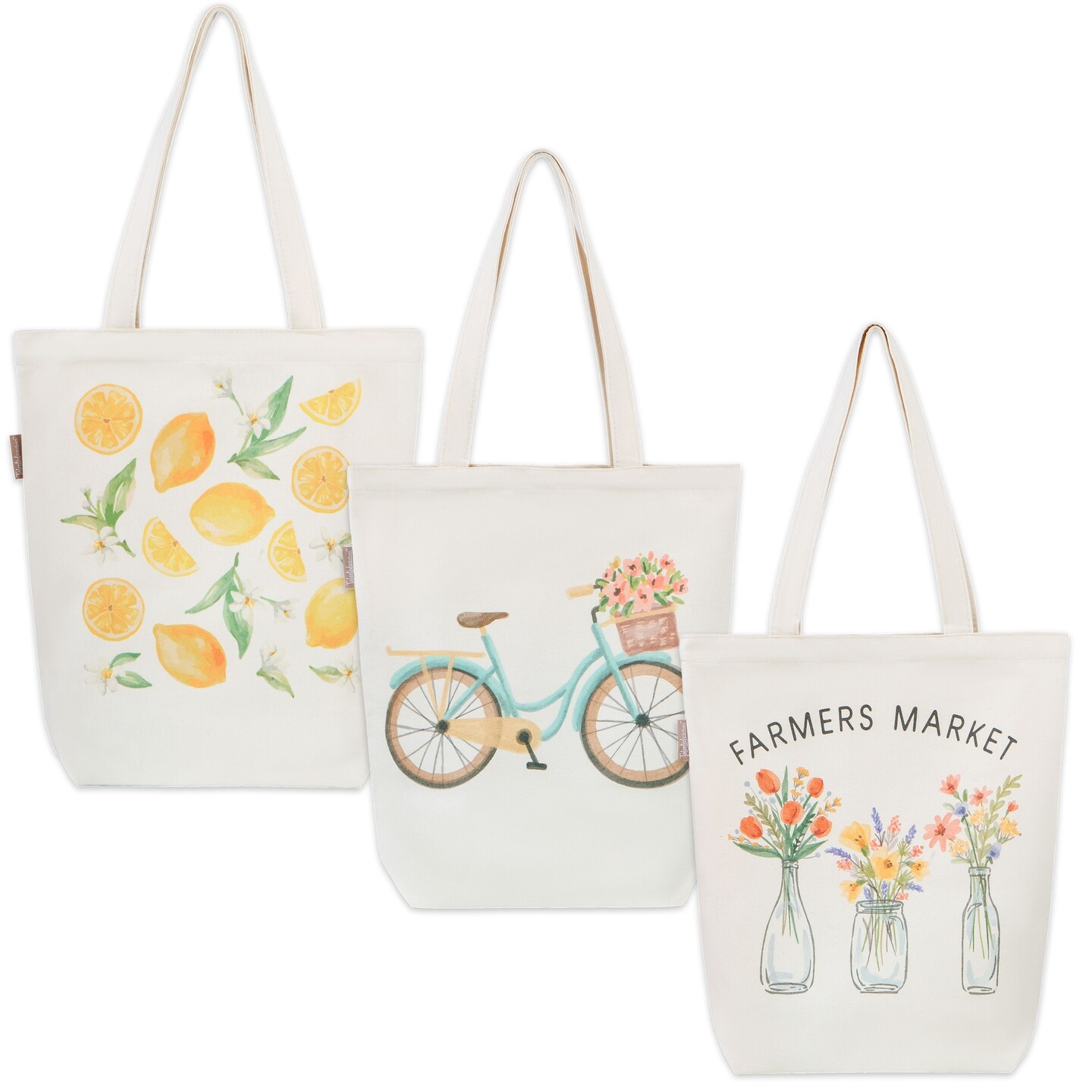 3 Pack Aesthetic Tote Bags for Women - Reusable Grocery Shopping Bags with Inner Pocket & Magnetic Closure (Farmers Market)