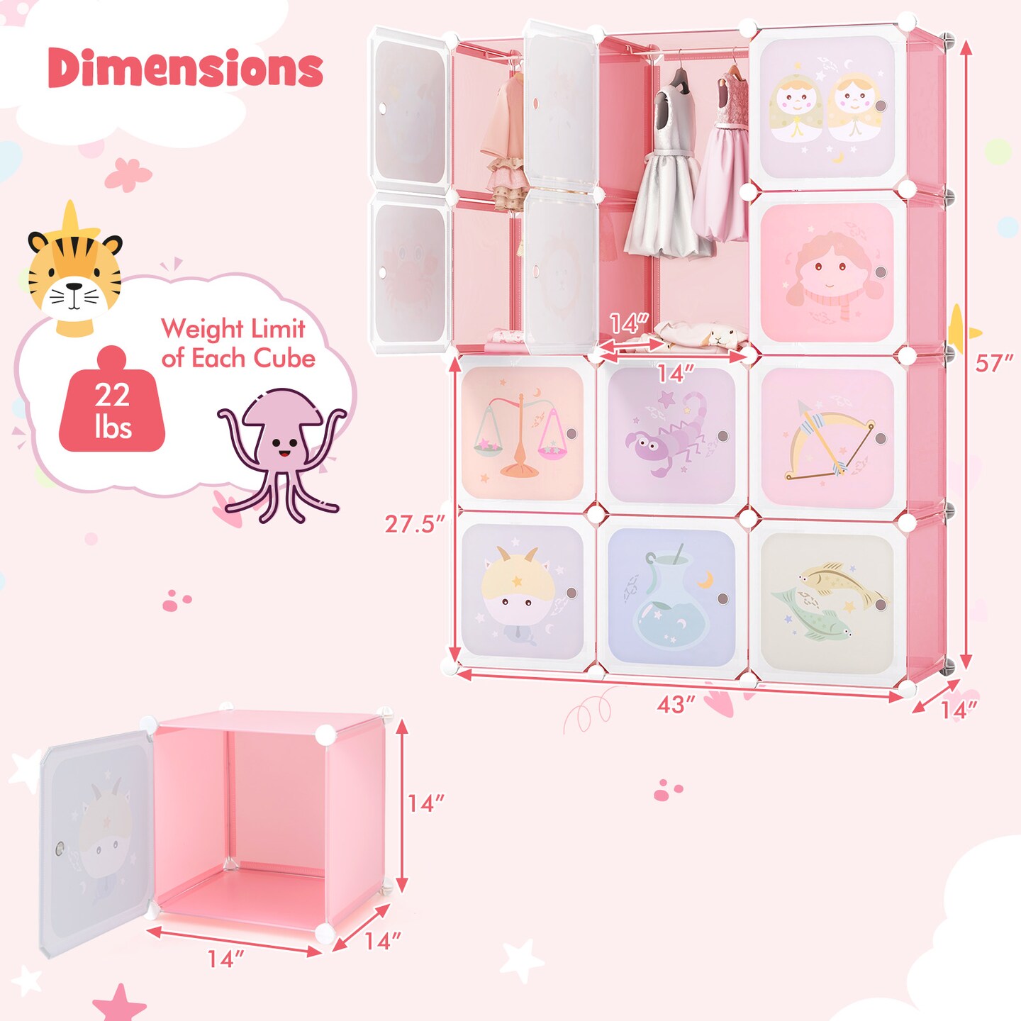 12-Cube Children&#x2019;s Wardrobe Closet with Doors and Hanging Space
